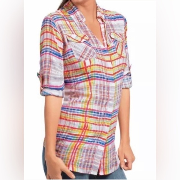 Cabi Cirque Plaid Multicolor Blouse Top Roll Tab Sleeve Button Up 797 Medium - Picture 1 of 15